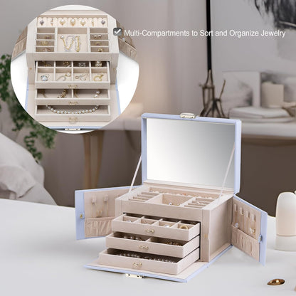 Mirrored Jewelry Box Organizer, Leather Jewelry Storage Case, Necklaces Earrings Rings Brackets Box Holder, Pearl White