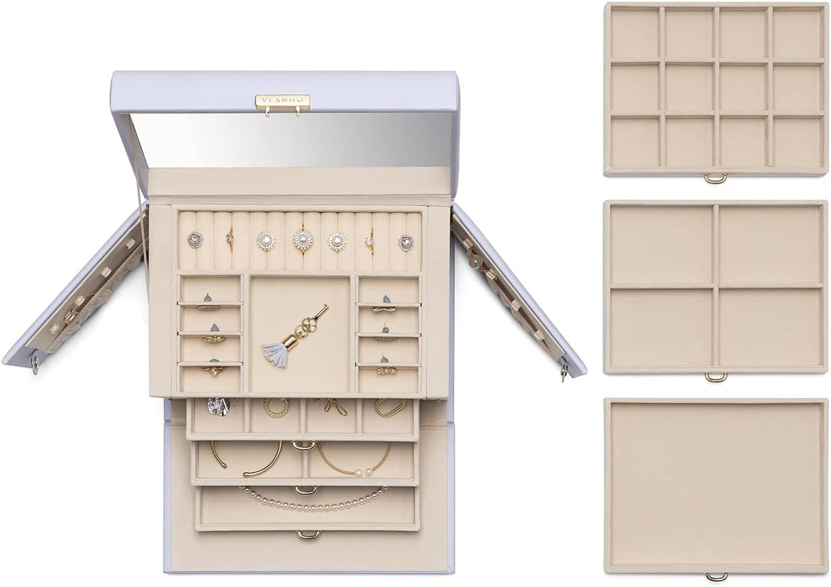 Mirrored Jewelry Box Organizer, Leather Jewelry Storage Case, Necklaces Earrings Rings Brackets Box Holder, Pearl White