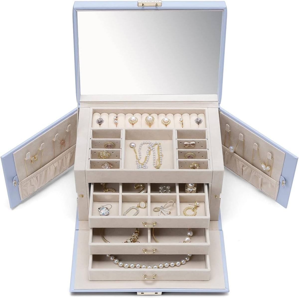 Mirrored Jewelry Box Organizer, Leather Jewelry Storage Case, Necklaces Earrings Rings Brackets Box Holder, Pearl White