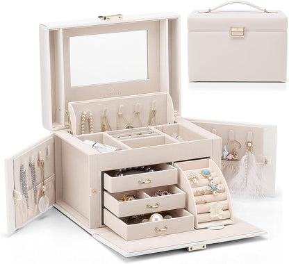 Mirrored Jewelry Box Organizer, Leather Jewelry Storage Case, Necklaces Earrings Rings Brackets Box Holder, Pearl White
