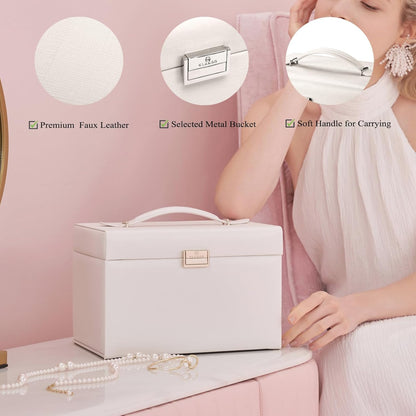 Mirrored Jewelry Box Organizer, Leather Jewelry Storage Case, Necklaces Earrings Rings Brackets Box Holder, Pearl White