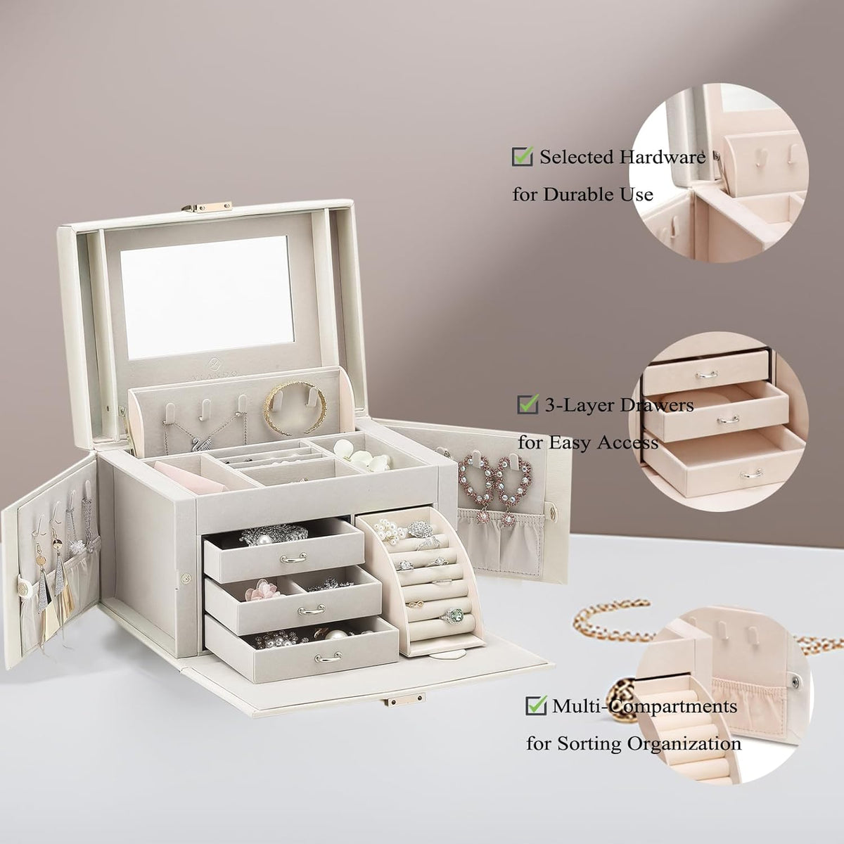 Mirrored Jewelry Box Organizer, Leather Jewelry Storage Case, Necklaces Earrings Rings Brackets Box Holder, Pearl White