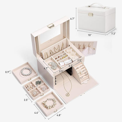 Mirrored Jewelry Box Organizer, Leather Jewelry Storage Case, Necklaces Earrings Rings Brackets Box Holder, Pearl White