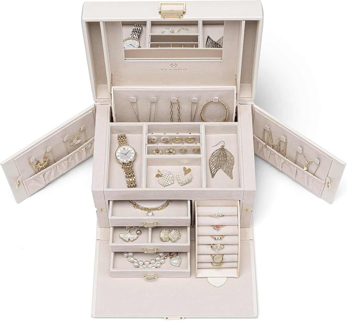 Mirrored Jewelry Box Organizer, Leather Jewelry Storage Case, Necklaces Earrings Rings Brackets Box Holder, Pearl White