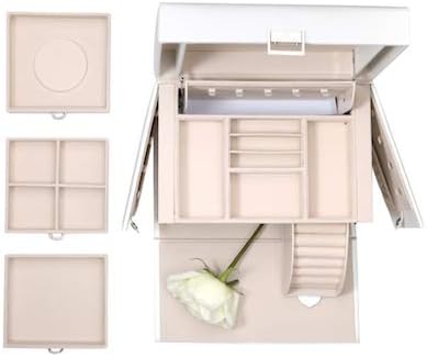 Mirrored Jewelry Box Organizer, Leather Jewelry Storage Case, Necklaces Earrings Rings Brackets Box Holder, Pearl White