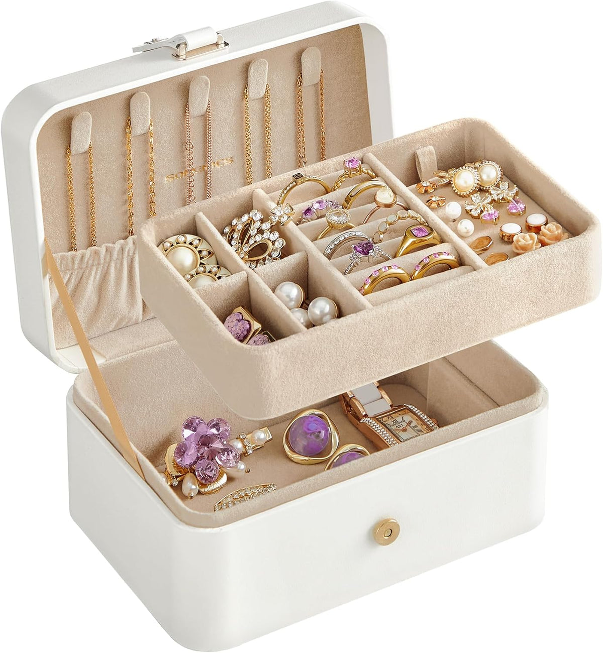 GISELLA Collection - Travel Jewelry Organizer, 2-Layer Jewelry Case Holder with Shiny Metal Hardware, Portable, Premium Velvet, for Earrings Necklaces, Slate Grey UJBC166G01