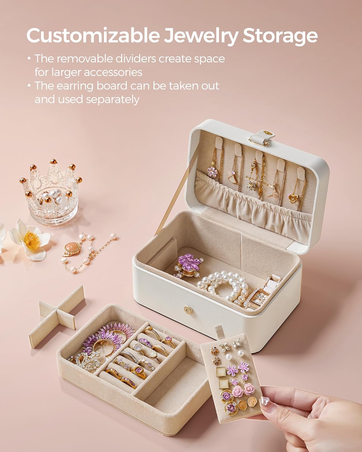 GISELLA Collection - Travel Jewelry Organizer, 2-Layer Jewelry Case Holder with Shiny Metal Hardware, Portable, Premium Velvet, for Earrings Necklaces, Slate Grey UJBC166G01