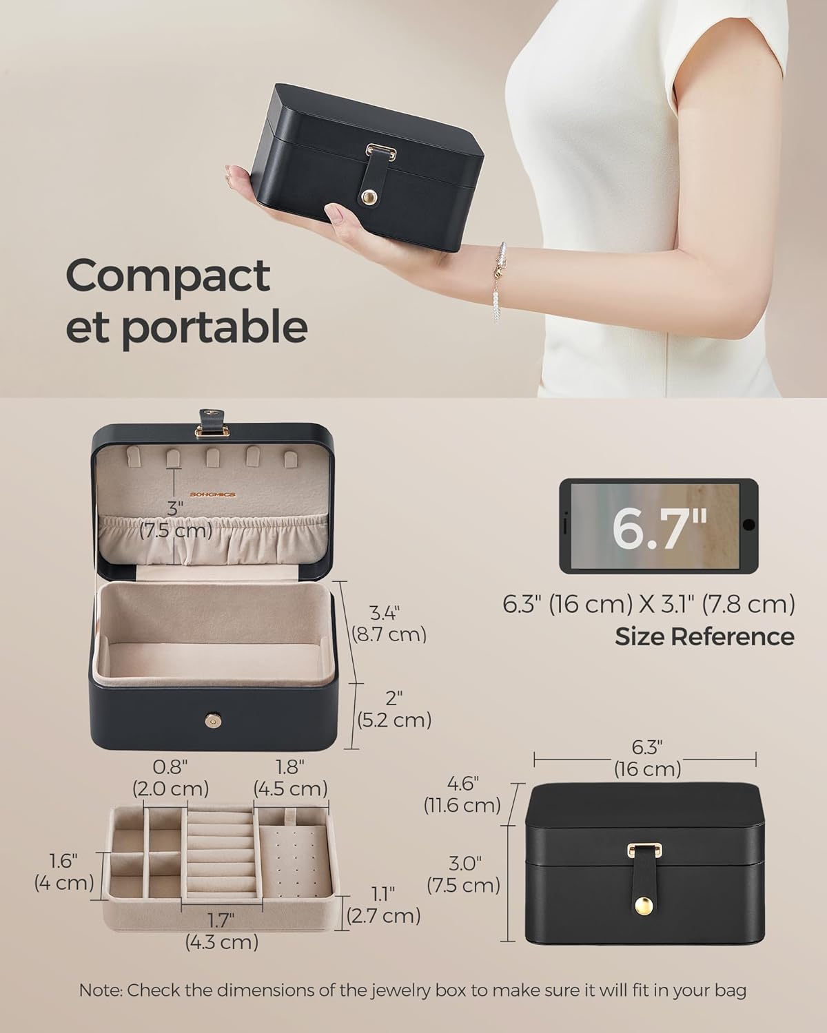 GISELLA Collection - Travel Jewelry Organizer, 2-Layer Jewelry Case Holder with Shiny Metal Hardware, Portable, Premium Velvet, for Earrings Necklaces, Slate Grey UJBC166G01