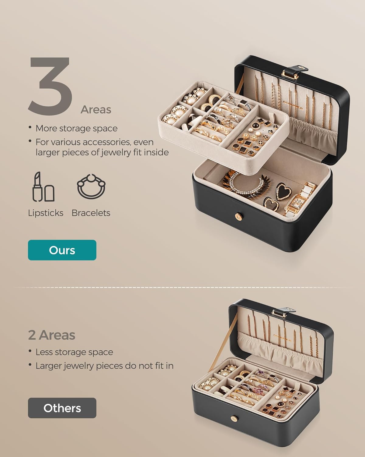 GISELLA Collection - Travel Jewelry Organizer, 2-Layer Jewelry Case Holder with Shiny Metal Hardware, Portable, Premium Velvet, for Earrings Necklaces, Slate Grey UJBC166G01