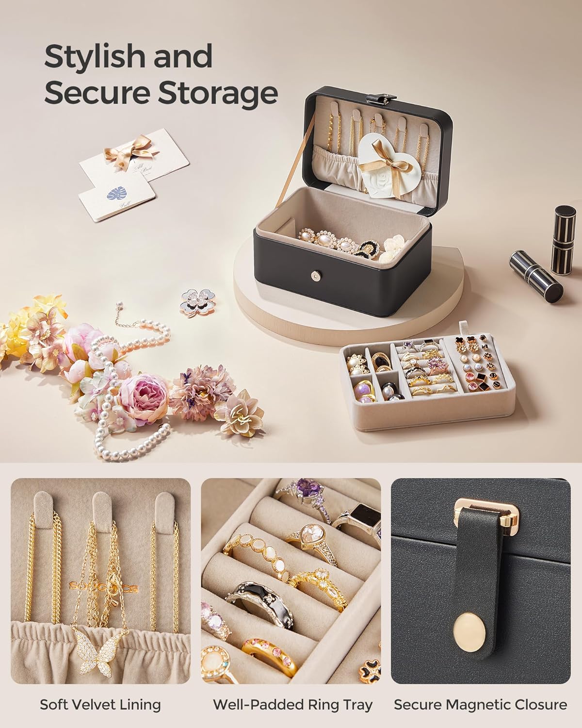 GISELLA Collection - Travel Jewelry Organizer, 2-Layer Jewelry Case Holder with Shiny Metal Hardware, Portable, Premium Velvet, for Earrings Necklaces, Slate Grey UJBC166G01