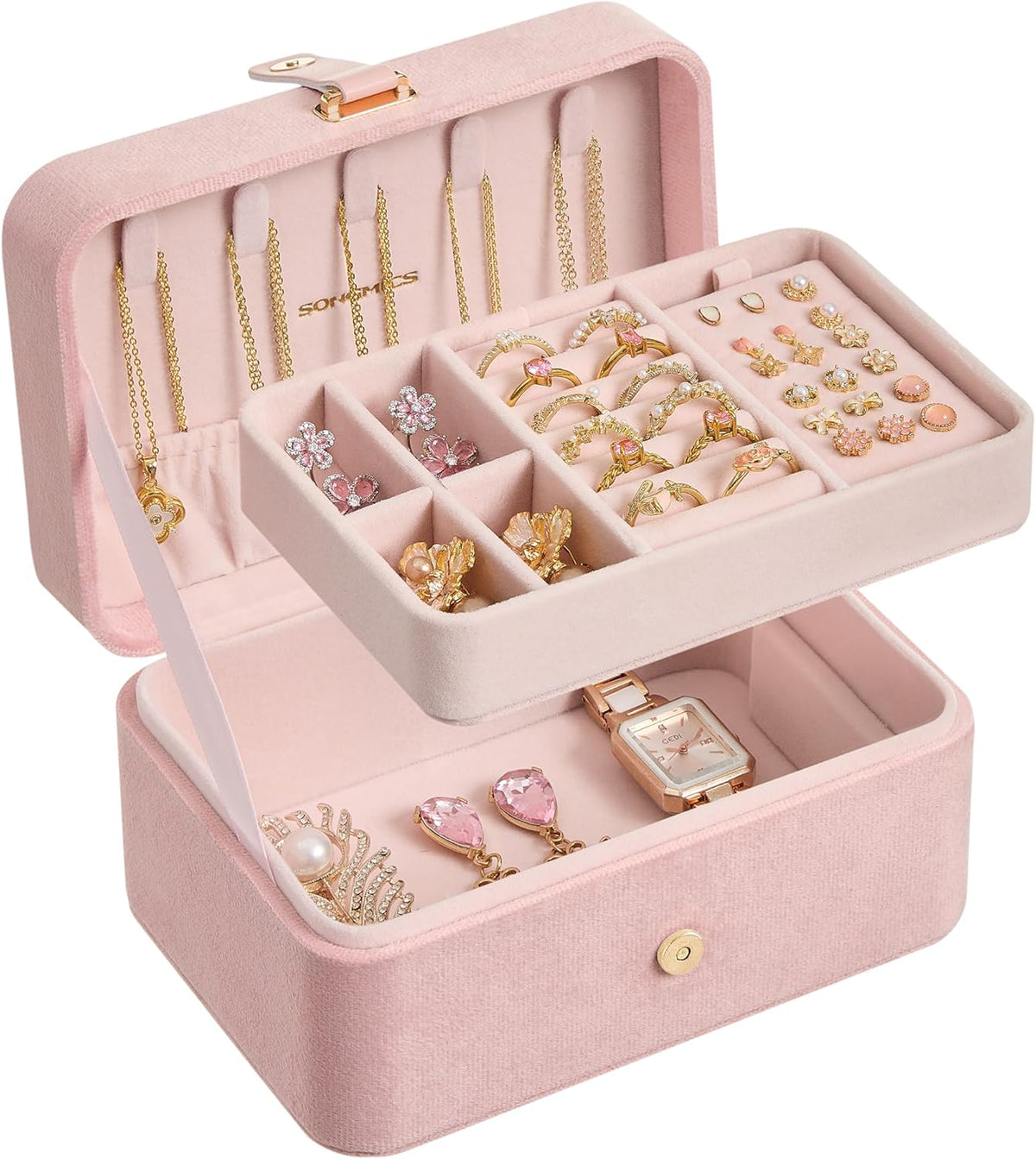GISELLA Collection - Travel Jewelry Organizer, 2-Layer Jewelry Case Holder with Shiny Metal Hardware, Portable, Premium Velvet, for Earrings Necklaces, Slate Grey UJBC166G01