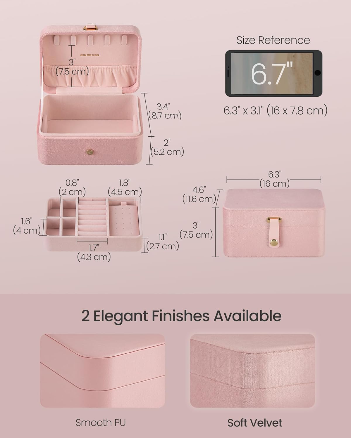 GISELLA Collection - Travel Jewelry Organizer, 2-Layer Jewelry Case Holder with Shiny Metal Hardware, Portable, Premium Velvet, for Earrings Necklaces, Slate Grey UJBC166G01