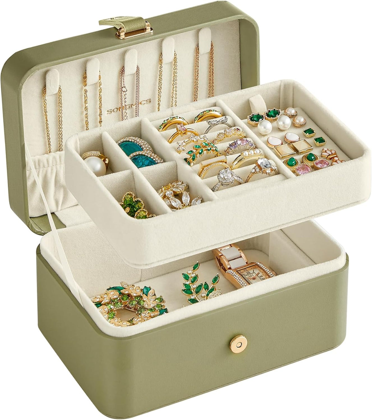 GISELLA Collection - Travel Jewelry Organizer, 2-Layer Jewelry Case Holder with Shiny Metal Hardware, Portable, Premium Velvet, for Earrings Necklaces, Slate Grey UJBC166G01