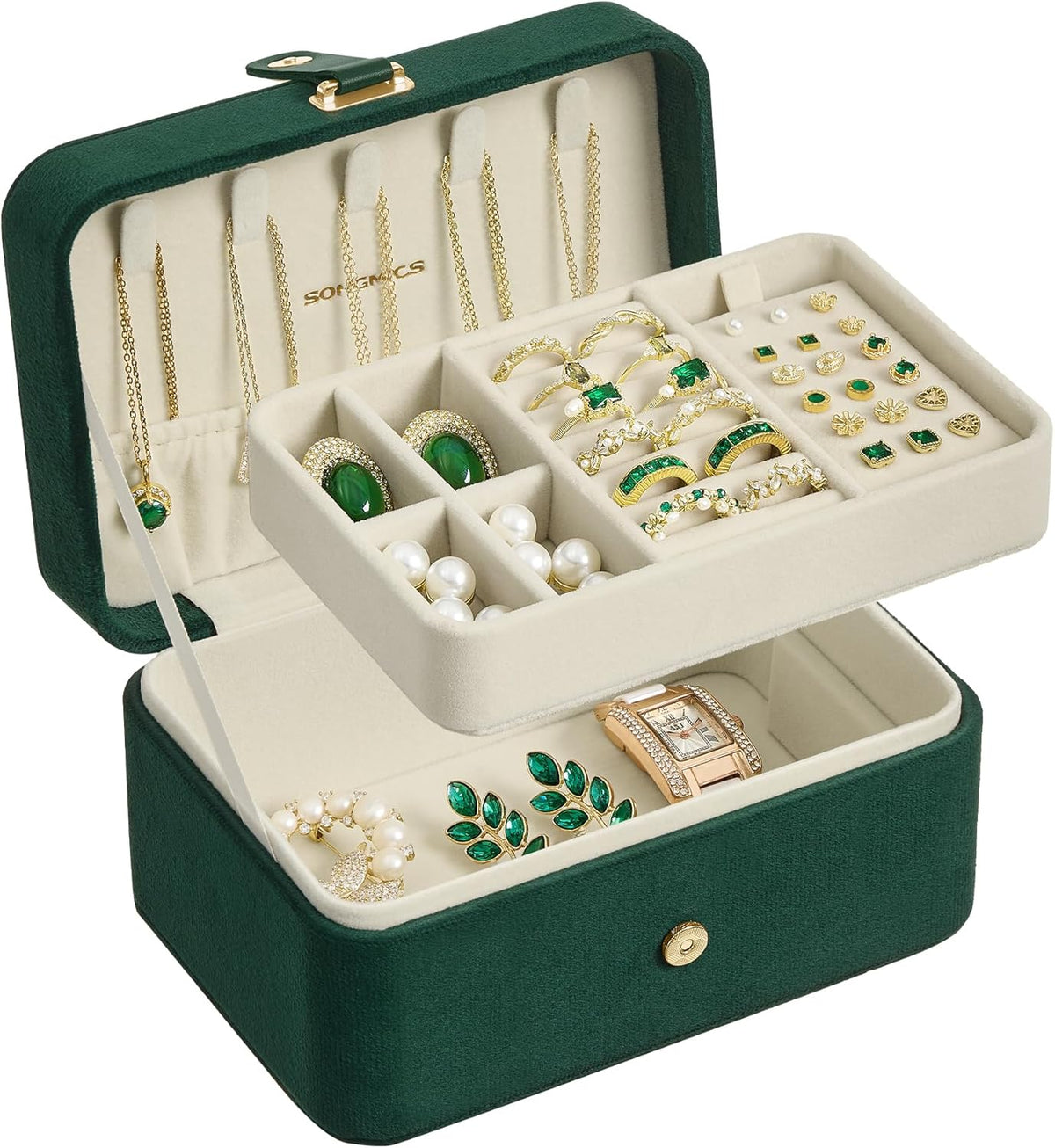 GISELLA Collection - Travel Jewelry Organizer, 2-Layer Jewelry Case Holder with Shiny Metal Hardware, Portable, Premium Velvet, for Earrings Necklaces, Slate Grey UJBC166G01