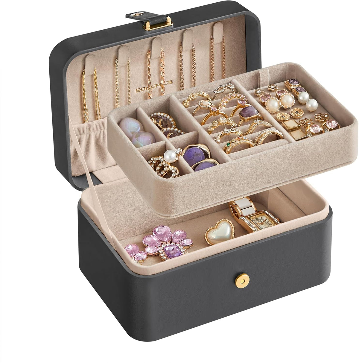 GISELLA Collection - Travel Jewelry Organizer, 2-Layer Jewelry Case Holder with Shiny Metal Hardware, Portable, Premium Velvet, for Earrings Necklaces, Slate Grey UJBC166G01