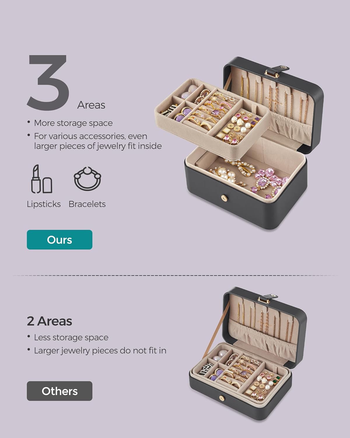 GISELLA Collection - Travel Jewelry Organizer, 2-Layer Jewelry Case Holder with Shiny Metal Hardware, Portable, Premium Velvet, for Earrings Necklaces, Slate Grey UJBC166G01
