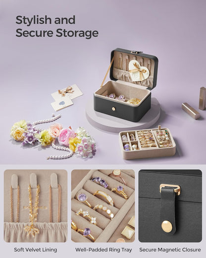 GISELLA Collection - Travel Jewelry Organizer, 2-Layer Jewelry Case Holder with Shiny Metal Hardware, Portable, Premium Velvet, for Earrings Necklaces, Slate Grey UJBC166G01