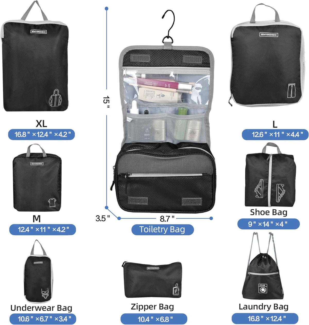 8 Set Expandable Compression Packing Cubes for Suitcases Travel Essentials Carry On Waterproof Storage Bag With Dry And Wet Separation Dark Blue