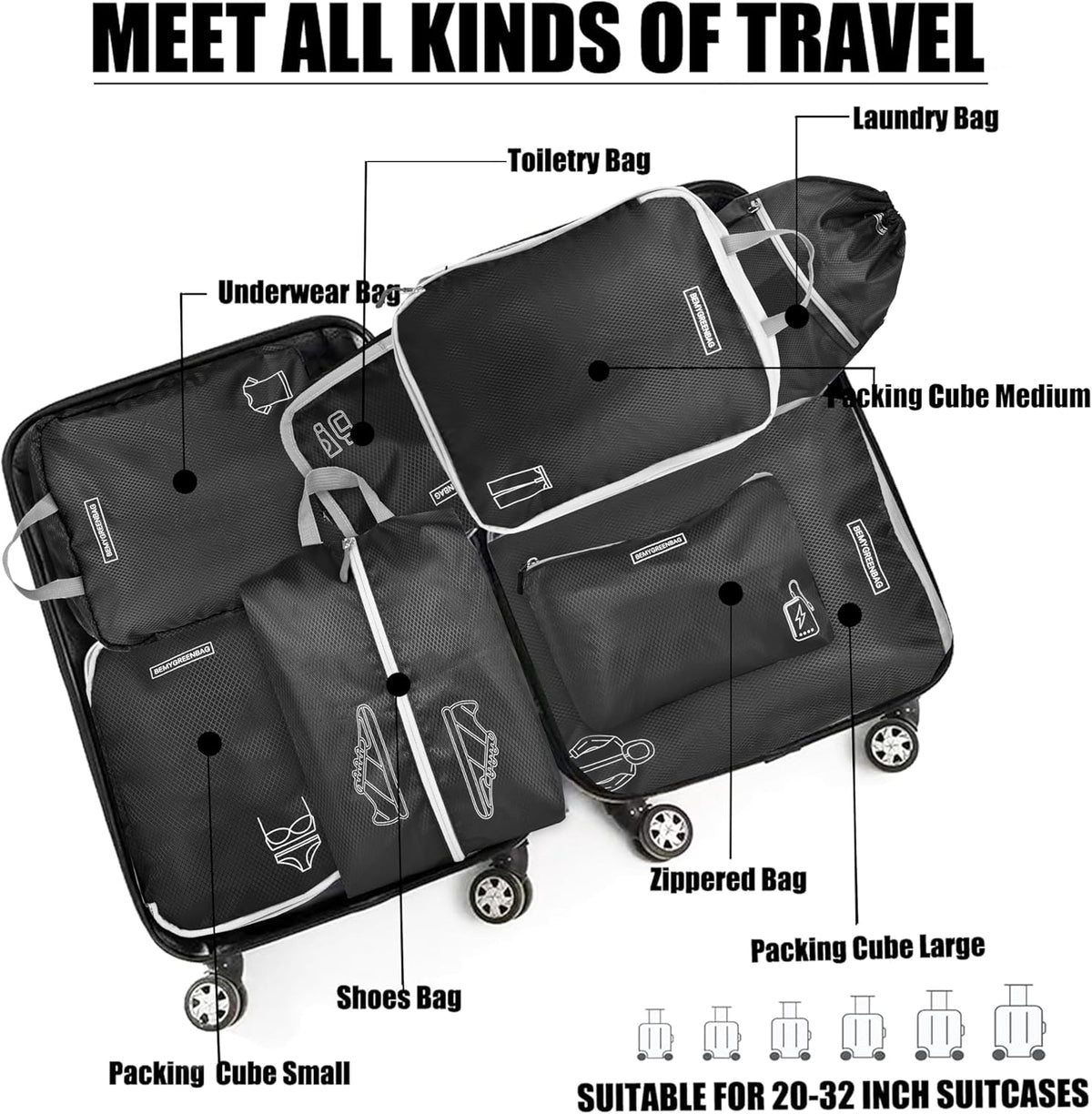 8 Set Expandable Compression Packing Cubes for Suitcases Travel Essentials Carry On Waterproof Storage Bag With Dry And Wet Separation Dark Blue