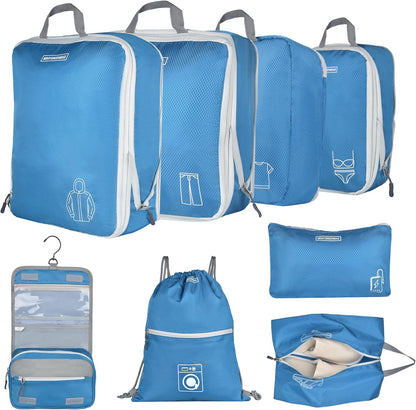 8 Set Expandable Compression Packing Cubes for Suitcases Travel Essentials Carry On Waterproof Storage Bag With Dry And Wet Separation Dark Blue