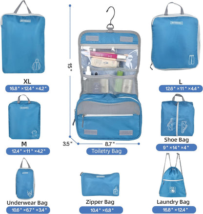 8 Set Expandable Compression Packing Cubes for Suitcases Travel Essentials Carry On Waterproof Storage Bag With Dry And Wet Separation Dark Blue