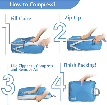 8 Set Expandable Compression Packing Cubes for Suitcases Travel Essentials Carry On Waterproof Storage Bag With Dry And Wet Separation Dark Blue