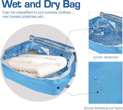 8 Set Expandable Compression Packing Cubes for Suitcases Travel Essentials Carry On Waterproof Storage Bag With Dry And Wet Separation Dark Blue