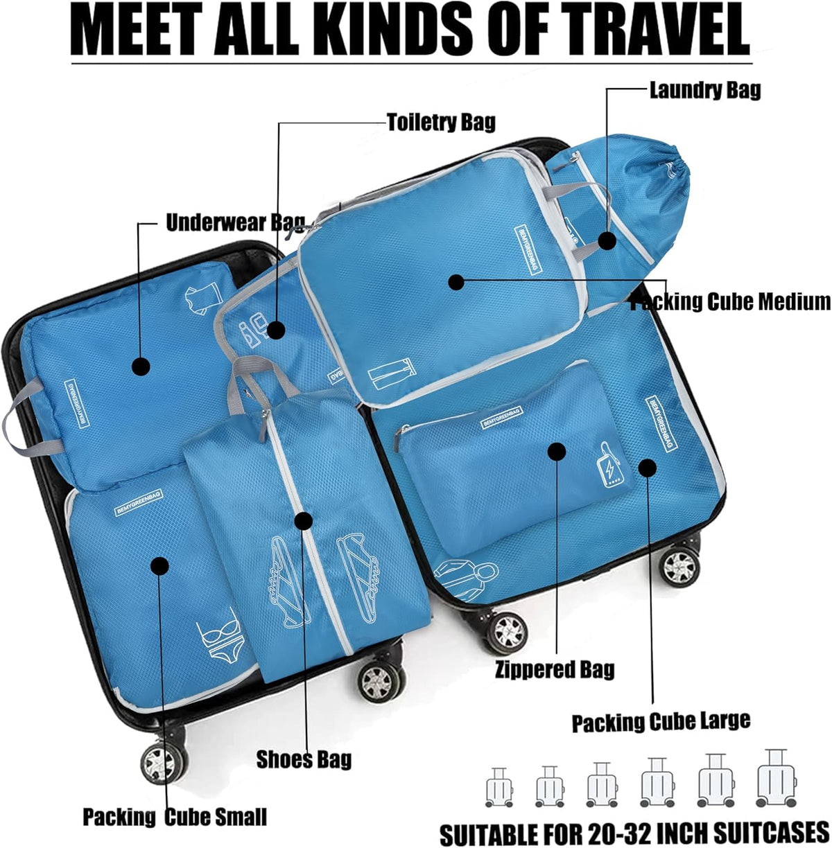 8 Set Expandable Compression Packing Cubes for Suitcases Travel Essentials Carry On Waterproof Storage Bag With Dry And Wet Separation Dark Blue