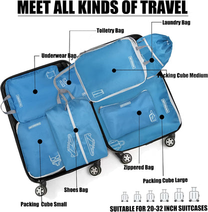 8 Set Expandable Compression Packing Cubes for Suitcases Travel Essentials Carry On Waterproof Storage Bag With Dry And Wet Separation Dark Blue
