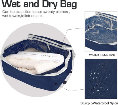 8 Set Expandable Compression Packing Cubes for Suitcases Travel Essentials Carry On Waterproof Storage Bag With Dry And Wet Separation Dark Blue