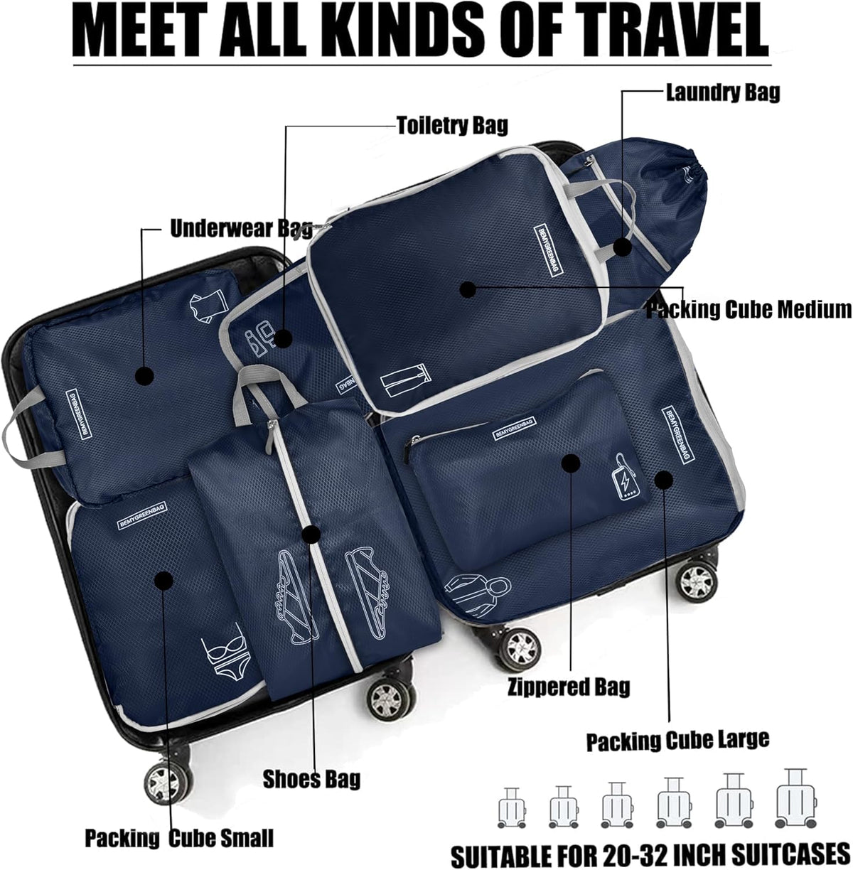 8 Set Expandable Compression Packing Cubes for Suitcases Travel Essentials Carry On Waterproof Storage Bag With Dry And Wet Separation Dark Blue
