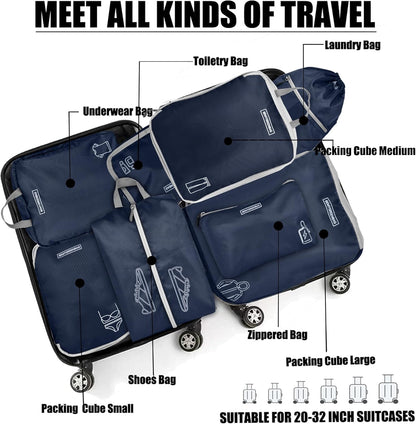 8 Set Expandable Compression Packing Cubes for Suitcases Travel Essentials Carry On Waterproof Storage Bag With Dry And Wet Separation Dark Blue