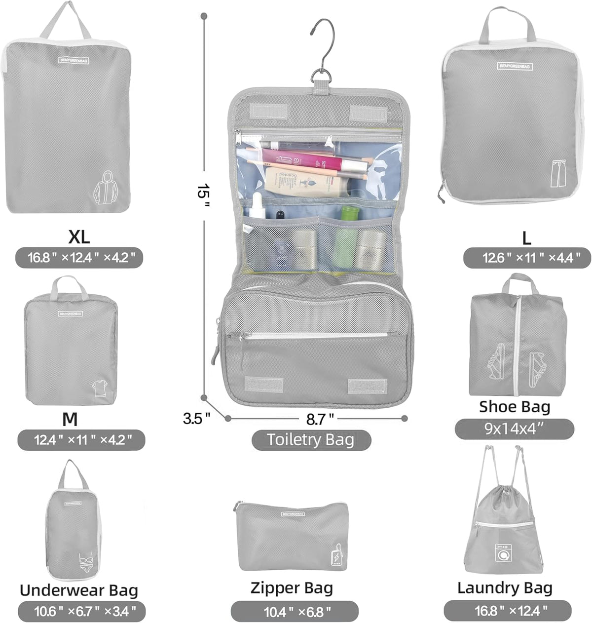 8 Set Expandable Compression Packing Cubes for Suitcases Travel Essentials Carry On Waterproof Storage Bag With Dry And Wet Separation Dark Blue