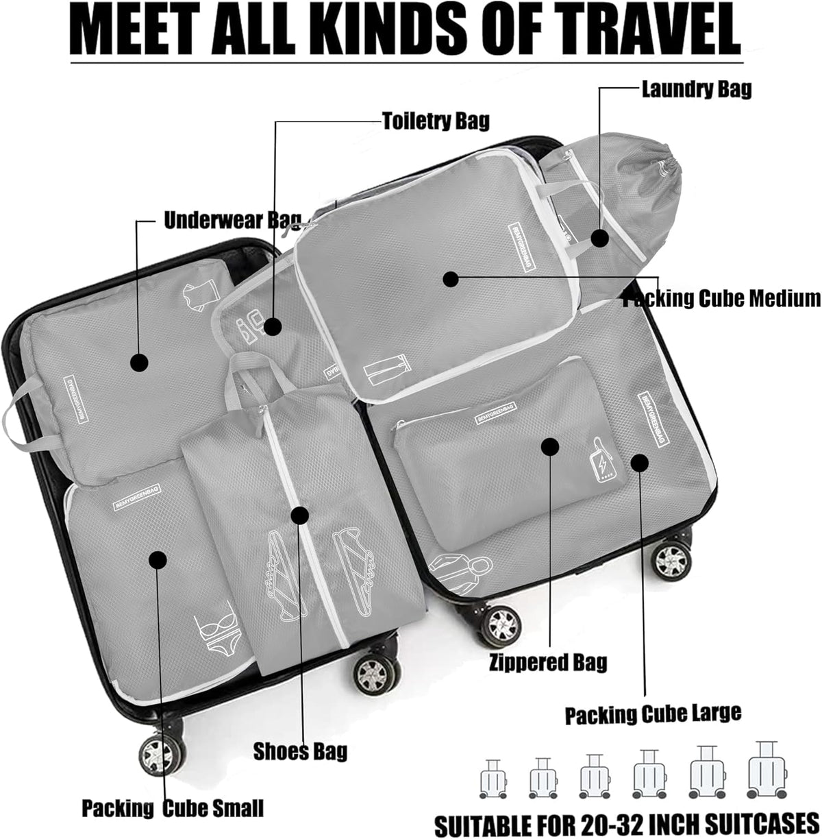 8 Set Expandable Compression Packing Cubes for Suitcases Travel Essentials Carry On Waterproof Storage Bag With Dry And Wet Separation Dark Blue
