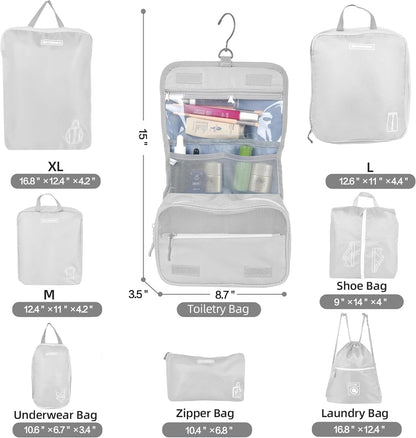 8 Set Expandable Compression Packing Cubes for Suitcases Travel Essentials Carry On Waterproof Storage Bag With Dry And Wet Separation Dark Blue