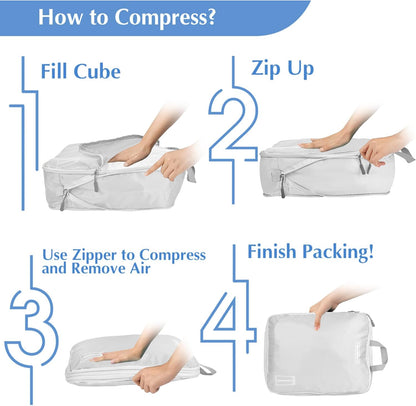 8 Set Expandable Compression Packing Cubes for Suitcases Travel Essentials Carry On Waterproof Storage Bag With Dry And Wet Separation Dark Blue