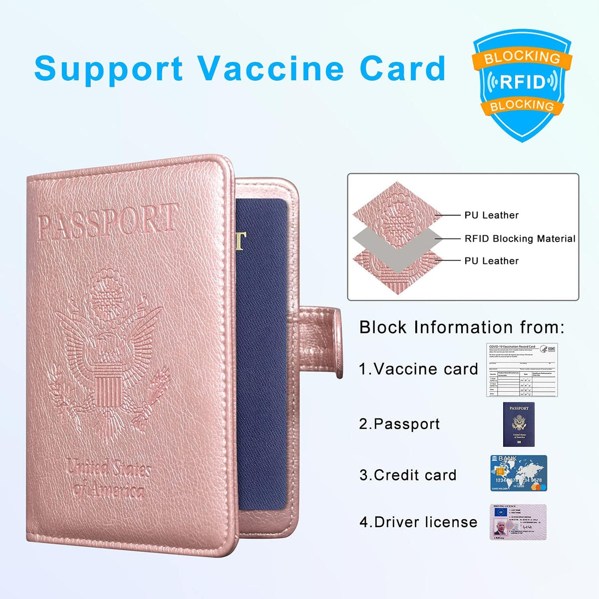 Unisex Faux Leather Passport and Vaccine Card Holder, Glitter Purple, RFID Blocking, Protects Valuable Information