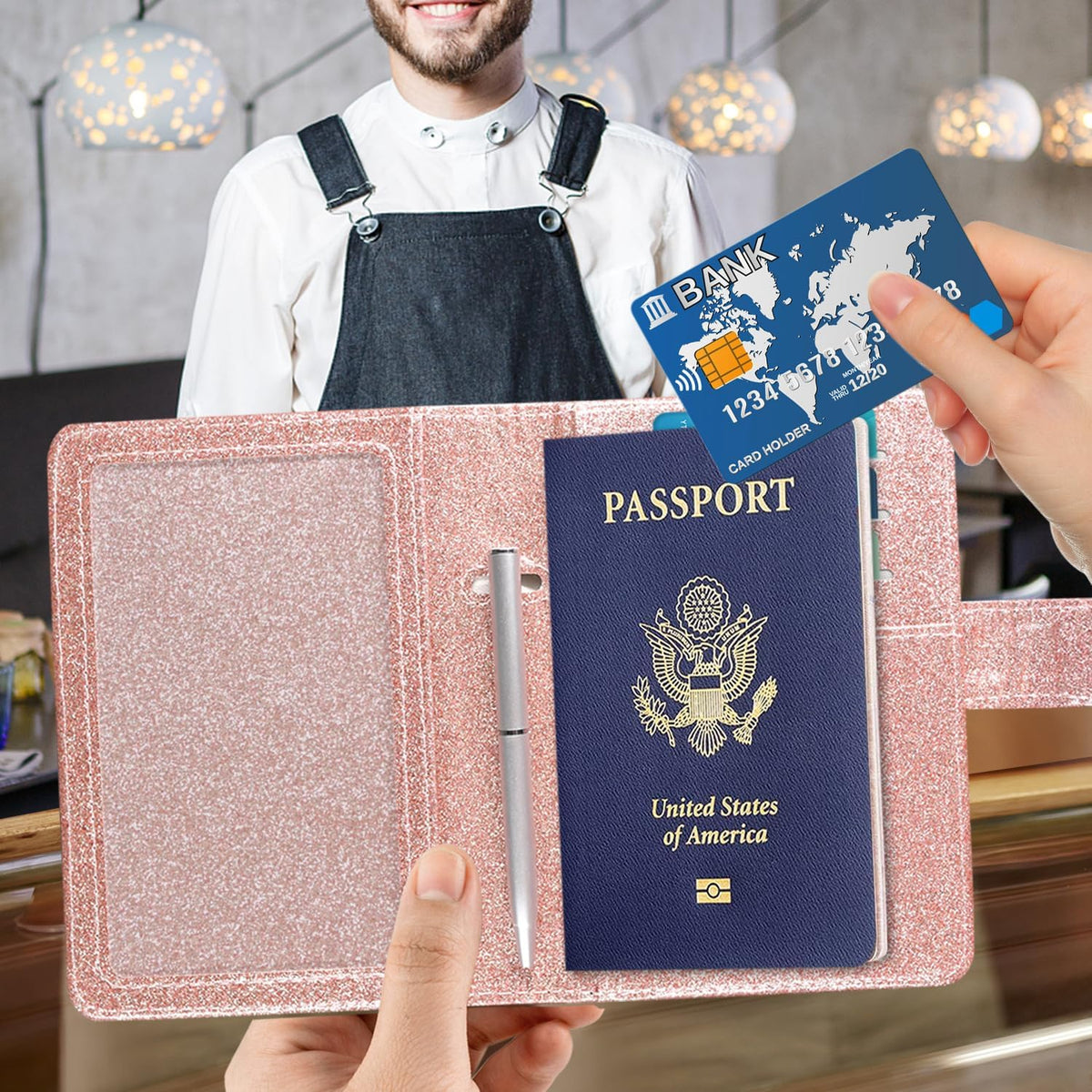 Unisex Faux Leather Passport and Vaccine Card Holder, Glitter Purple, RFID Blocking, Protects Valuable Information