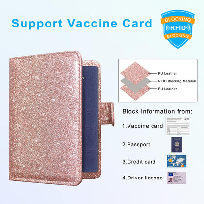 Unisex Faux Leather Passport and Vaccine Card Holder, Glitter Purple, RFID Blocking, Protects Valuable Information