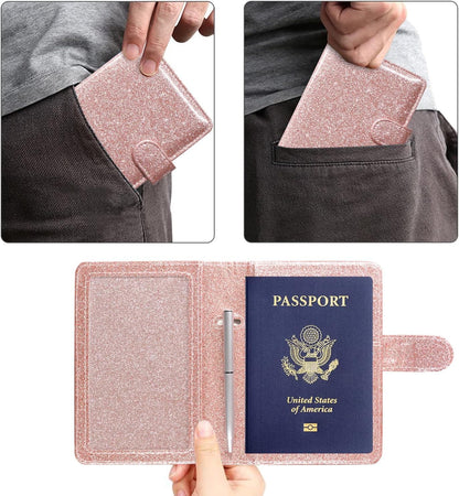 Unisex Faux Leather Passport and Vaccine Card Holder, Glitter Purple, RFID Blocking, Protects Valuable Information