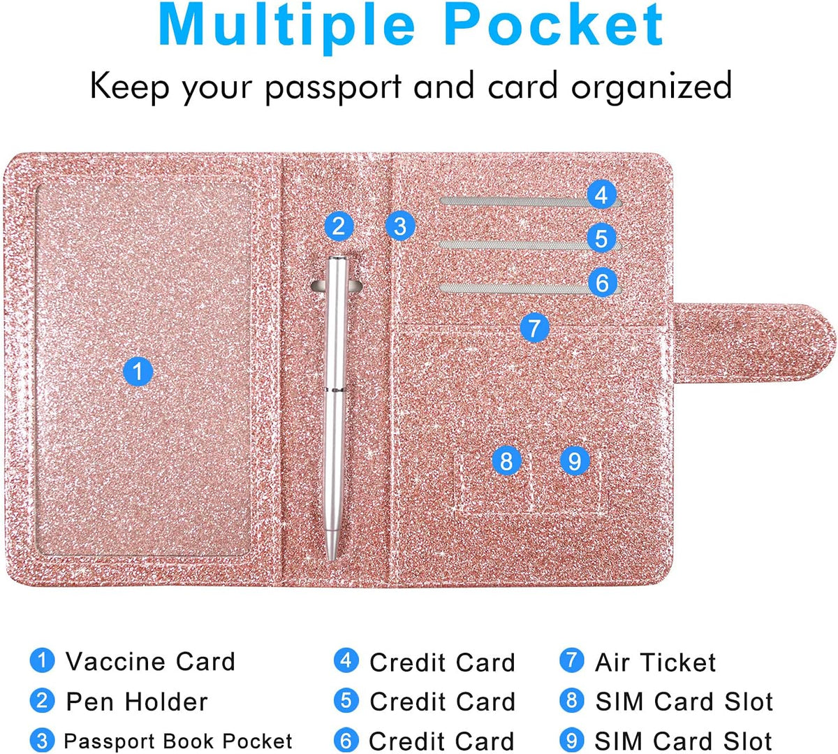 Unisex Faux Leather Passport and Vaccine Card Holder, Glitter Purple, RFID Blocking, Protects Valuable Information