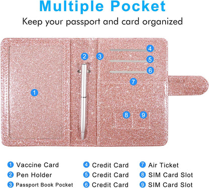 Unisex Faux Leather Passport and Vaccine Card Holder, Glitter Purple, RFID Blocking, Protects Valuable Information