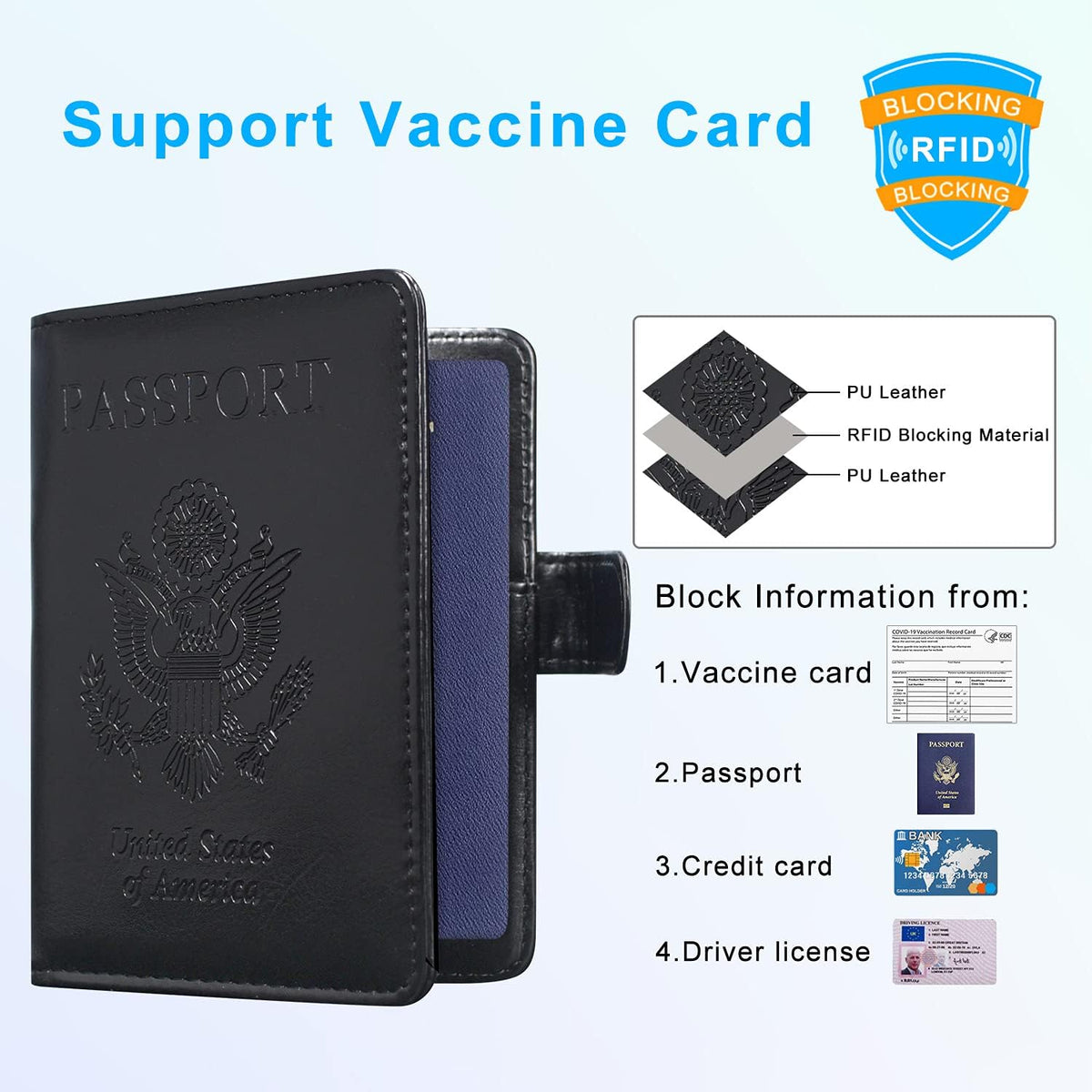 Unisex Faux Leather Passport and Vaccine Card Holder, Glitter Purple, RFID Blocking, Protects Valuable Information