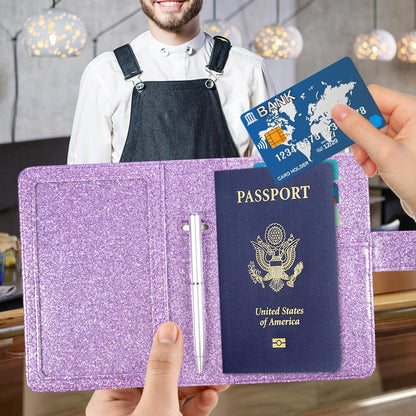 Unisex Faux Leather Passport and Vaccine Card Holder, Glitter Purple, RFID Blocking, Protects Valuable Information