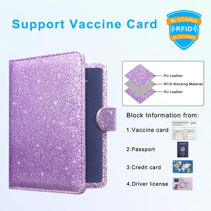 Unisex Faux Leather Passport and Vaccine Card Holder, Glitter Purple, RFID Blocking, Protects Valuable Information