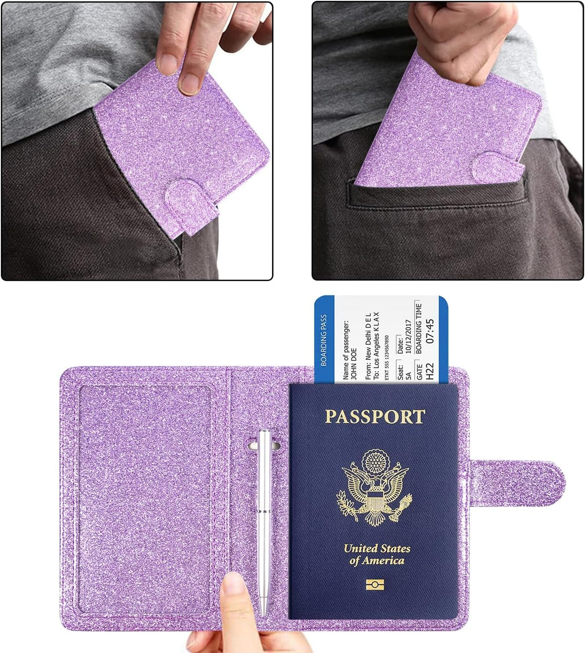 Unisex Faux Leather Passport and Vaccine Card Holder, Glitter Purple, RFID Blocking, Protects Valuable Information