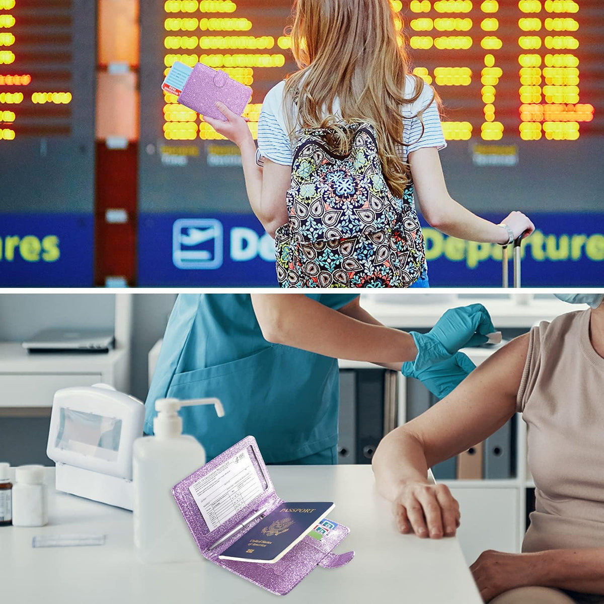 Unisex Faux Leather Passport and Vaccine Card Holder, Glitter Purple, RFID Blocking, Protects Valuable Information