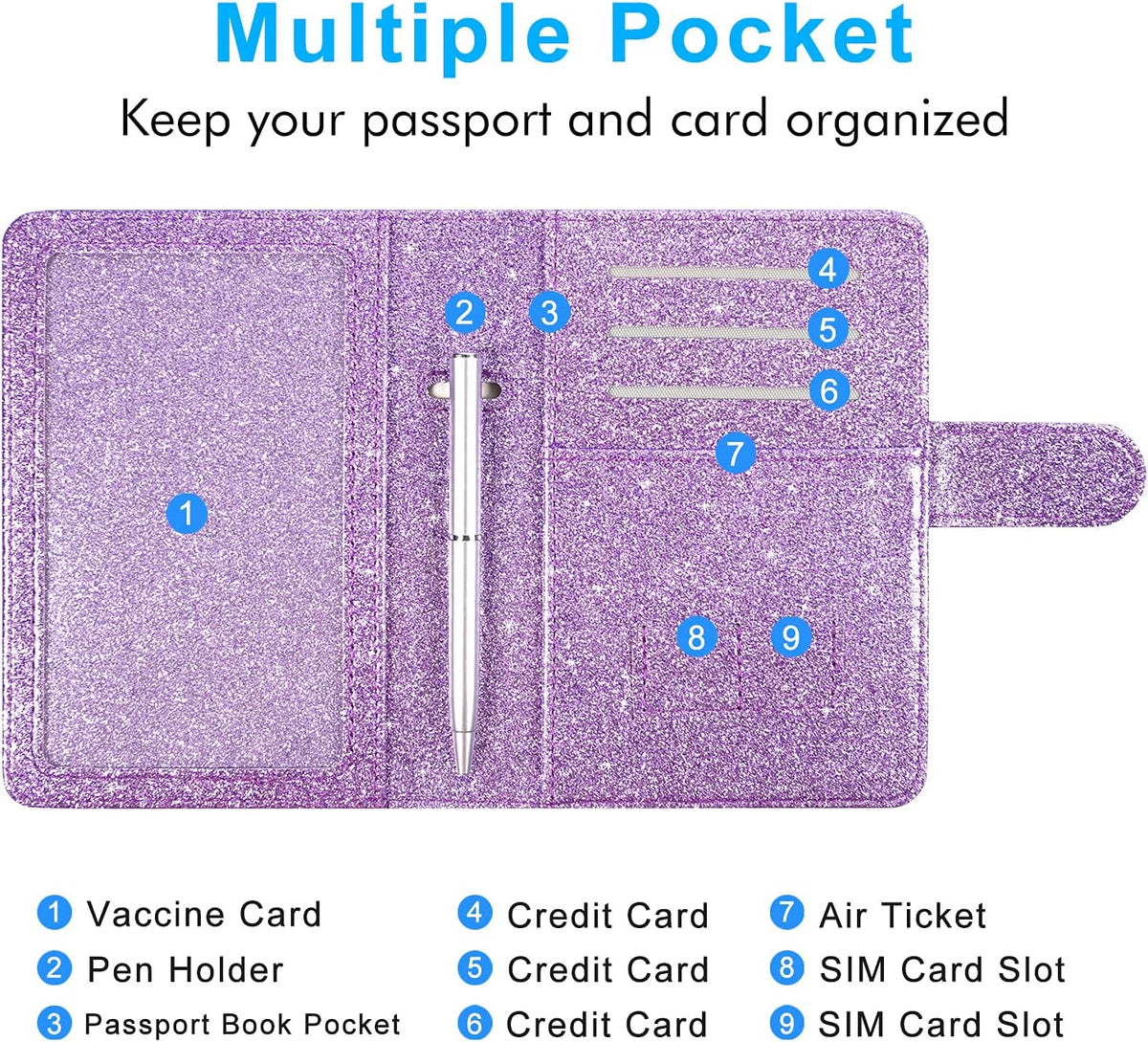 Unisex Faux Leather Passport and Vaccine Card Holder, Glitter Purple, RFID Blocking, Protects Valuable Information