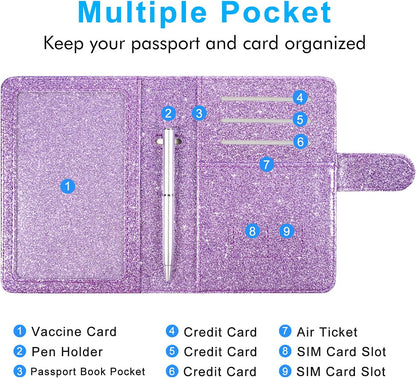 Unisex Faux Leather Passport and Vaccine Card Holder, Glitter Purple, RFID Blocking, Protects Valuable Information