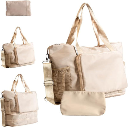 Large Travel Bag - Foldable & Expandable Carry-On Bag with Shoe Compartment, Water Bottle Pocket, Luggage Sleeve, Cosmetic Case